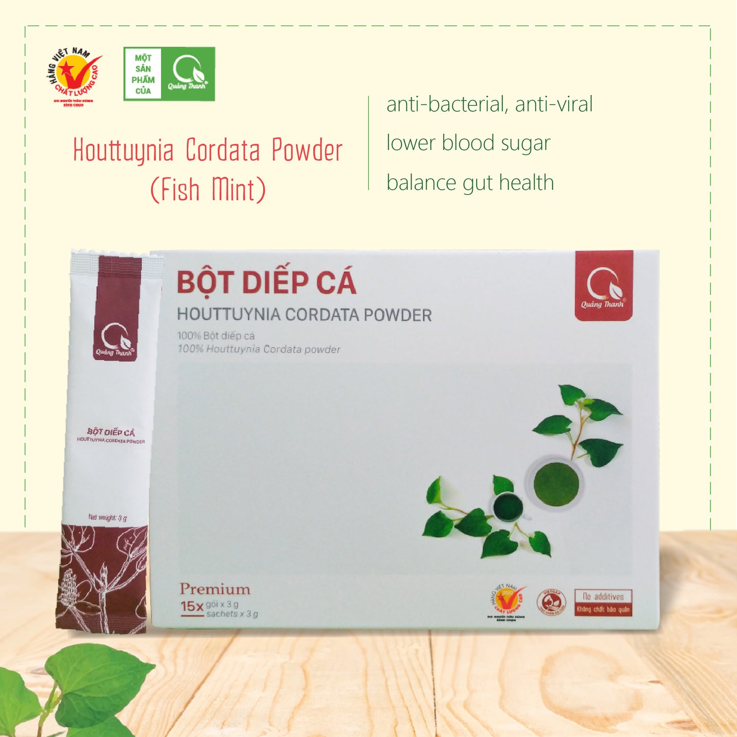 Quang Thanh fish mint (Houttuynia Cordata) instant powder 15 sachets x 3gr/0.1oz